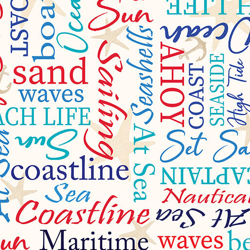 Benartex High Tides, Coastal words Multi by the yard North Shore Quilting