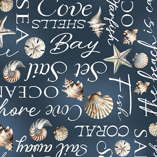 Coastal Escape from Benartex, Coastal Words Dark Blue by the yard