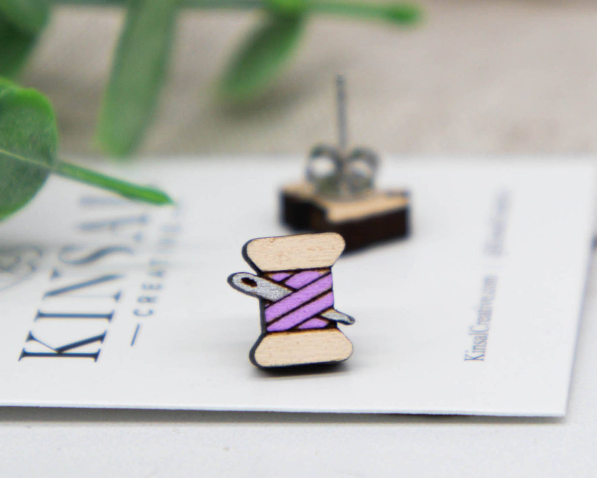 Sewing Thread Customizable Wood Stud Earrings: Wine Red