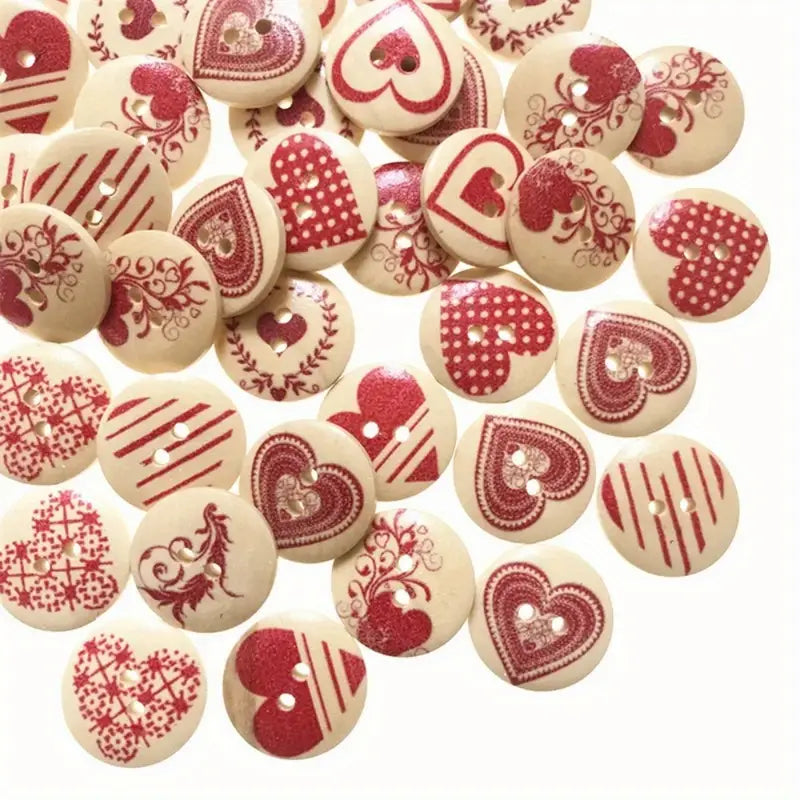 Mixed Color Wooden Buttons, Heart and Floral Patterns pack of 8