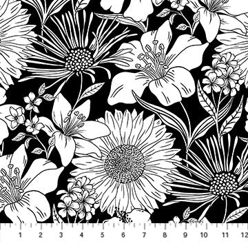 Ebony & Ivory from Northcott, Black Supersize Flora, by the yard