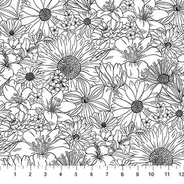 Ebony & Ivory from Northcott, White MidSize Flora, by the yard