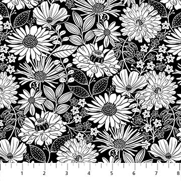 Ebony & Ivory from Northcott, Black Small Flora, by the yard