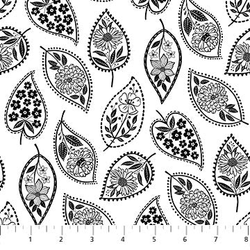 Ebony & Ivory from Northcott, White Sylized leaf by the yard