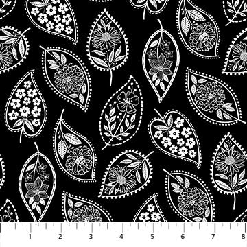 Ebony & Ivory from Northcott, Black Sylized leaf by the yard
