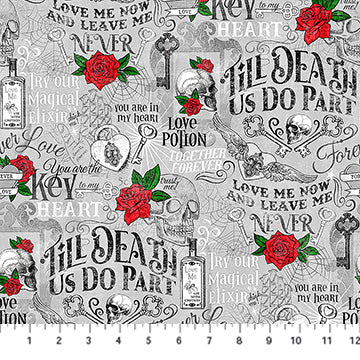 Till Death us do part Black Multi- Light Gray Multi Words, by the yard