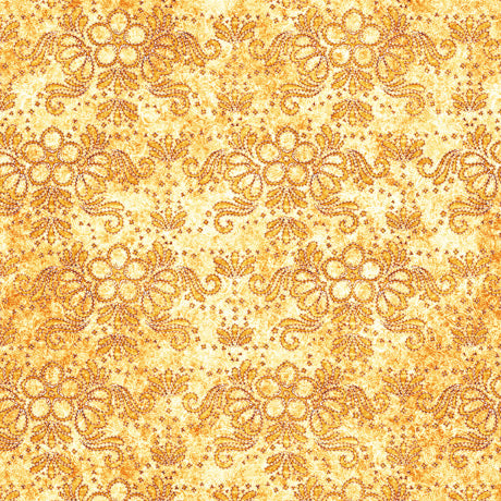 In Stitches by Morris Creative Group for QT fabrics, Gold, Stitched Floral by the yard