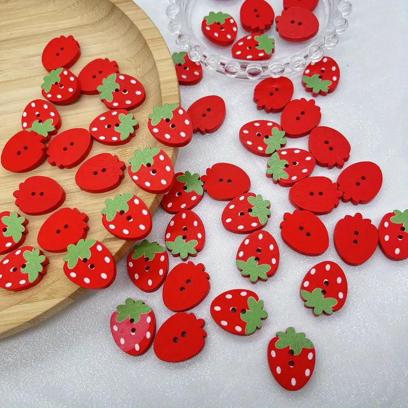 Strawberry-Shaped Wooden Buttons in  Red pack of 6