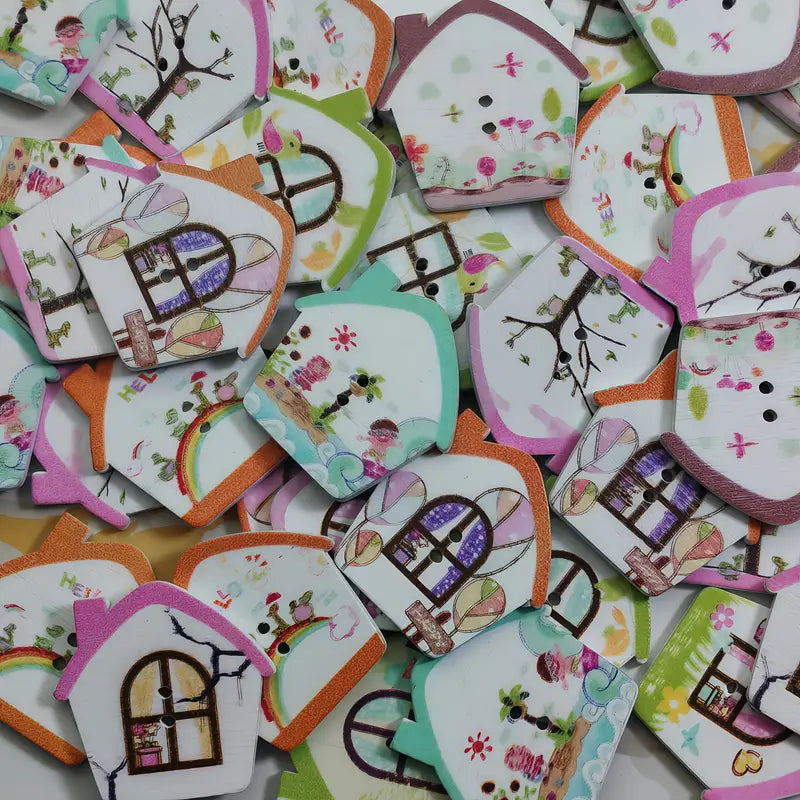 Whimsical House-Shaped Wooden Buttons, Mixed Colors pack of 6