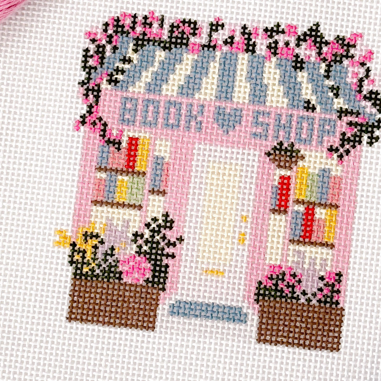 Ready to Ship Hand Painted Book Shop Storefront 6” Needlepoint Canvas 13 Mesh Reading Needlepoint Canvas Storefront Hand Painted