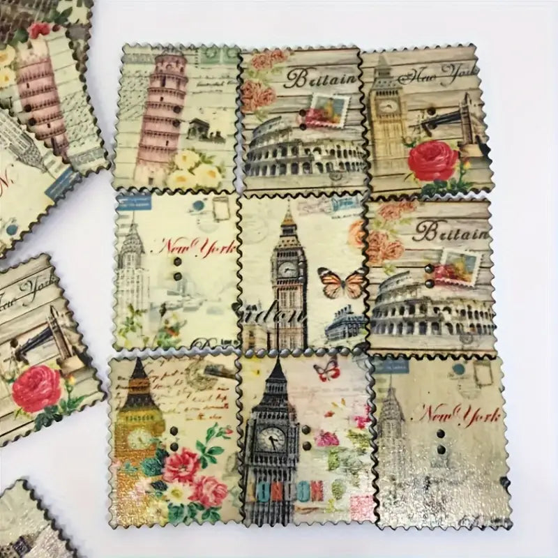 Vintage Postcard Design Wooden Sewing Buttons pack of 6
