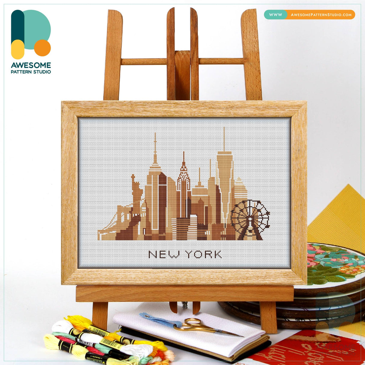 CS354 A3 New York sepia, Counted Cross Stitch Kit: