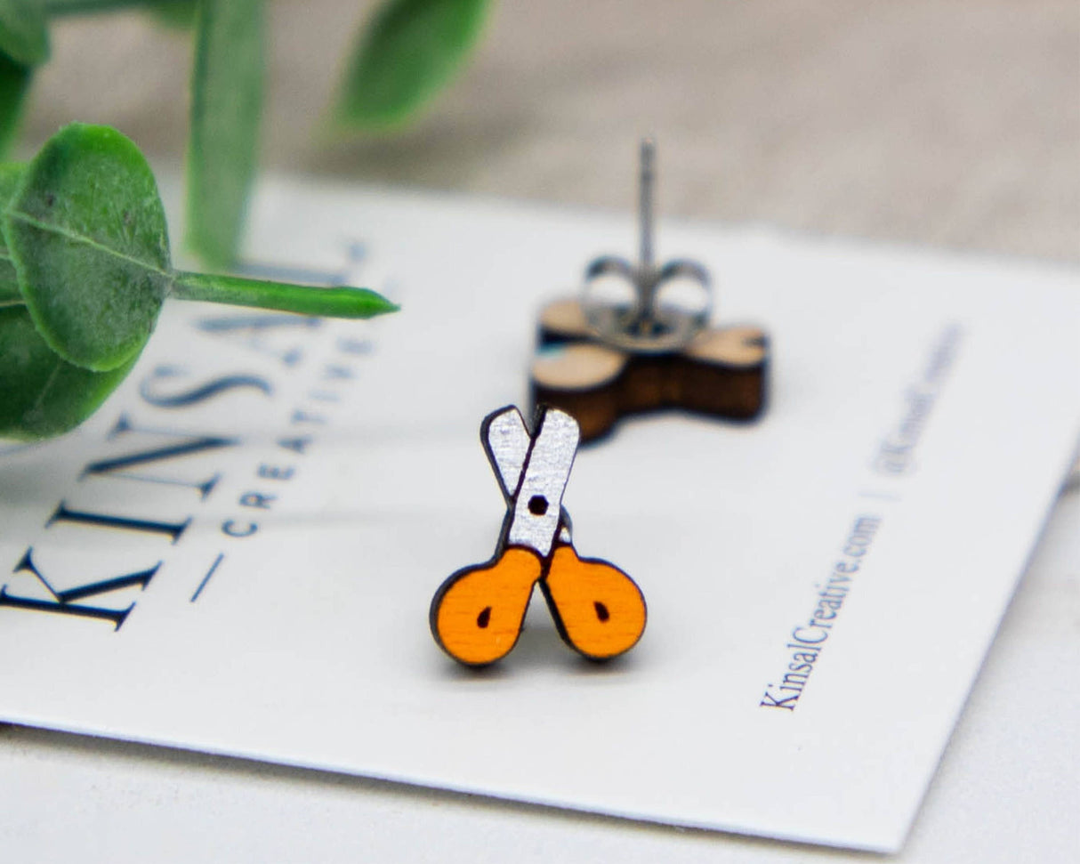 Scissors Wood Stud Earrings