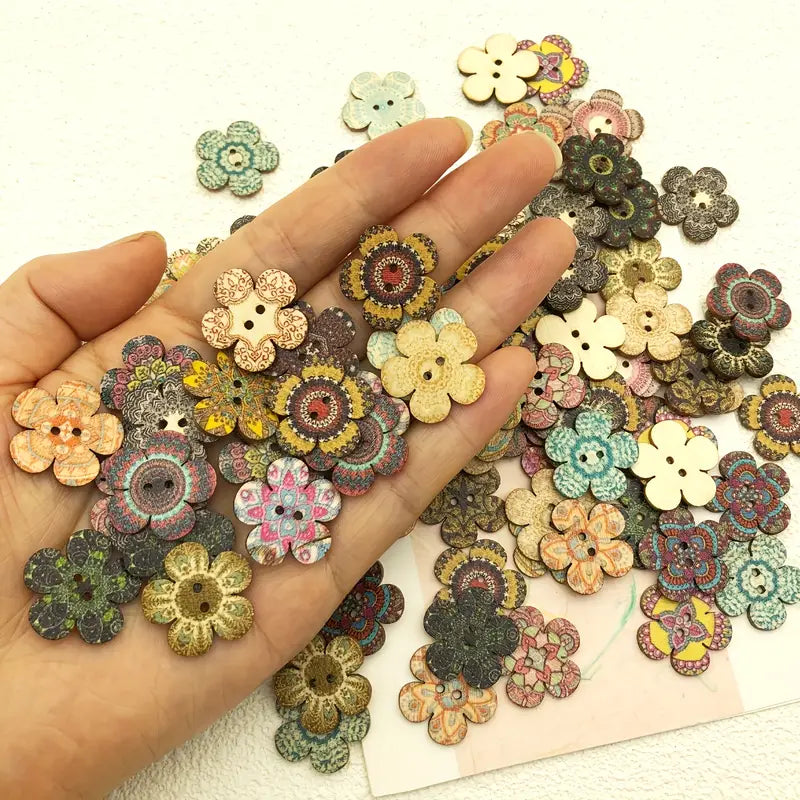0.7in Retro Painted Flower Buttons With 2 Holes pack of 12