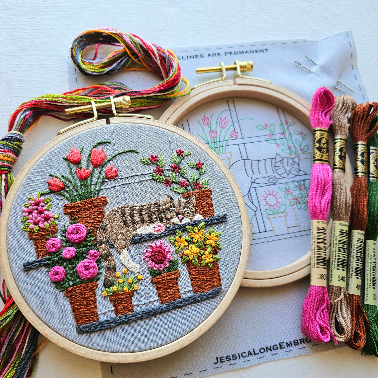 Catnap with Flowers Embroidery Kit