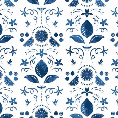 Squeeze the Day White Navy Lemon Motifs by the yard