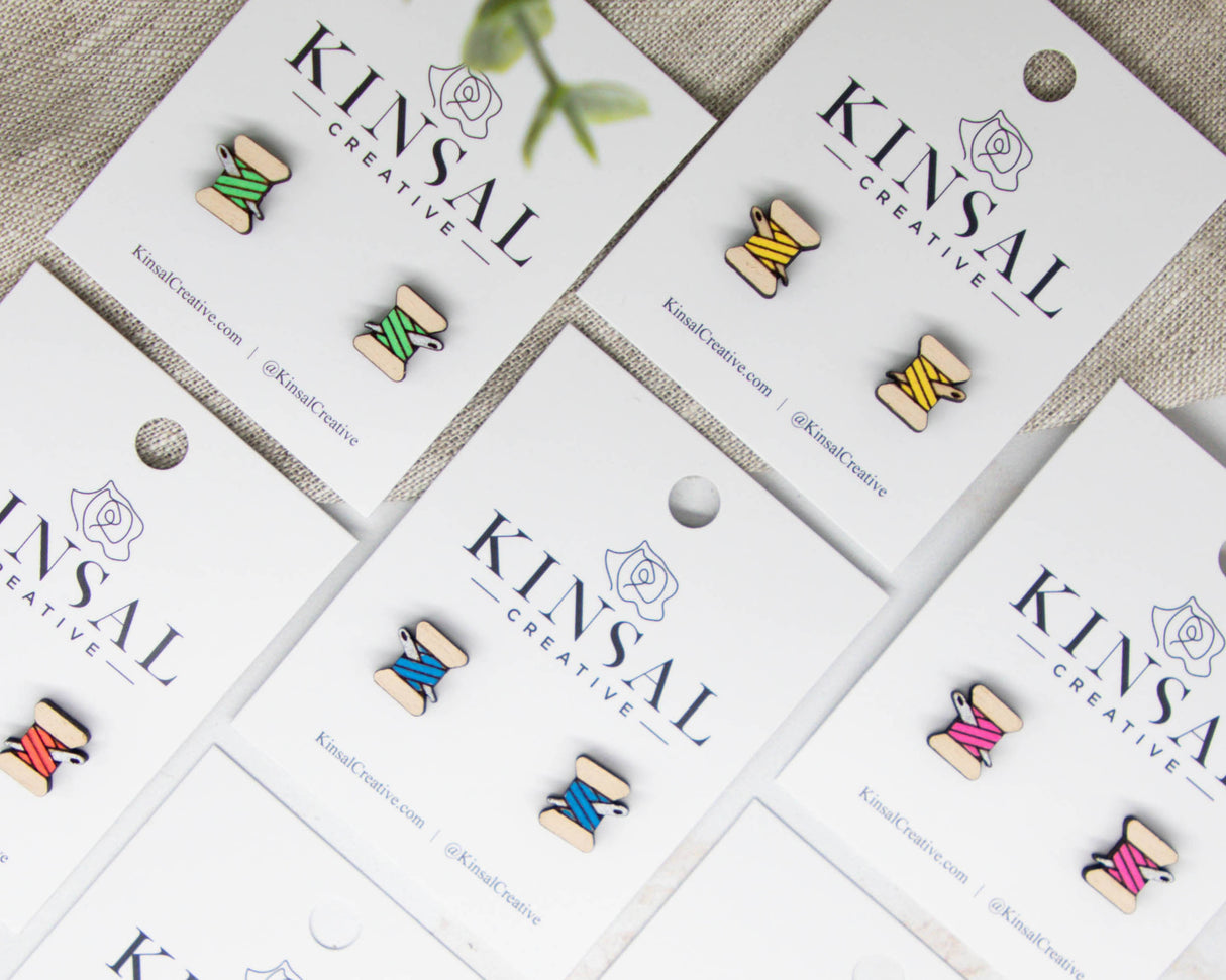 Sewing Thread Customizable Wood Stud Earrings: Wine Red