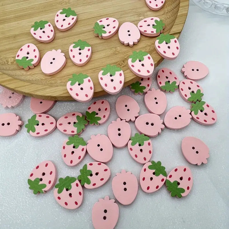 Strawberry-Shaped Wooden Buttons in  Pink pack of 6