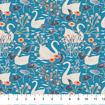 Alpine Bliss by Figo- teal swans, by the yard-