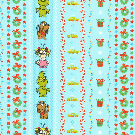 Blue Christmas Motif Stripe, Max, Grinch, Cindy Lou by the yard