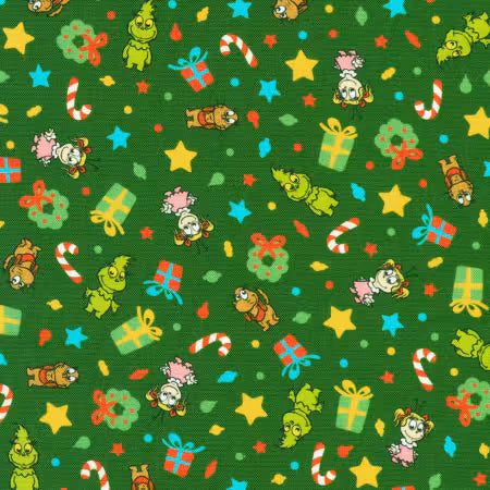 Green Tossed Christmas Motifs, Grinch, Max, Cindy Lou by the yard