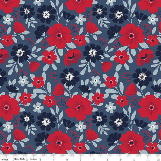 American Beauty by Riley Blake, All over floral print Navy by the yard