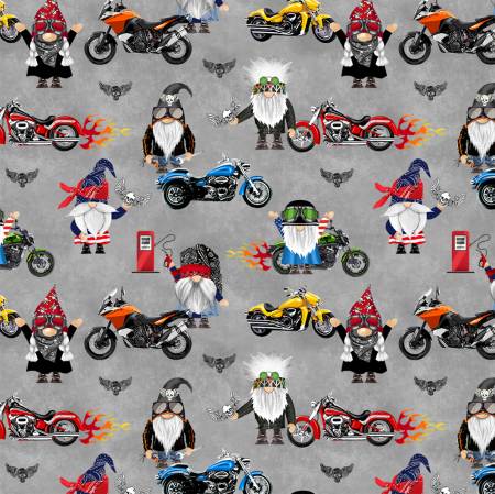 Grey Biker Gnomes by Timeless Treasure, fabric by the yard