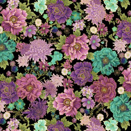 Black Packed Asian Floral Metallic, Shizuka by Timeless Treasures, by the yard