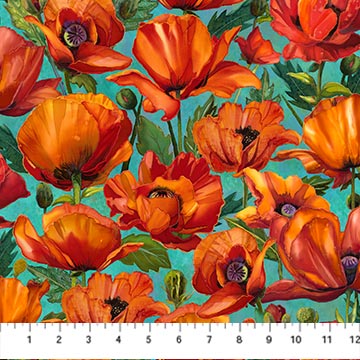 Charisma by Northcott, Turquoise Multi-packed poppies by the yard