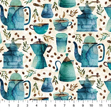 Barista by Deborah Edwards for Northcott, Coffee Pots by the yard