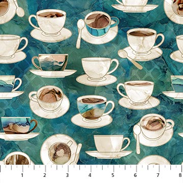 Barista by Deborah Edwards for Northcott, Cups and Saucers teal by the yard