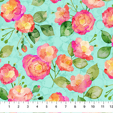 Feature Floral, Turquoise, veranda from Northcott fabrics by the yard