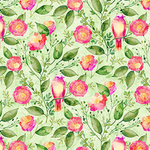 Floral and Bird, Pale green, veranda from Northcott fabrics by the yard