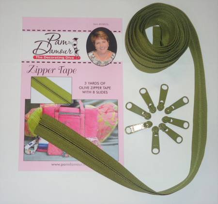 3 yards of Reversible Coil Zipper Tape with 8 Slides Olive