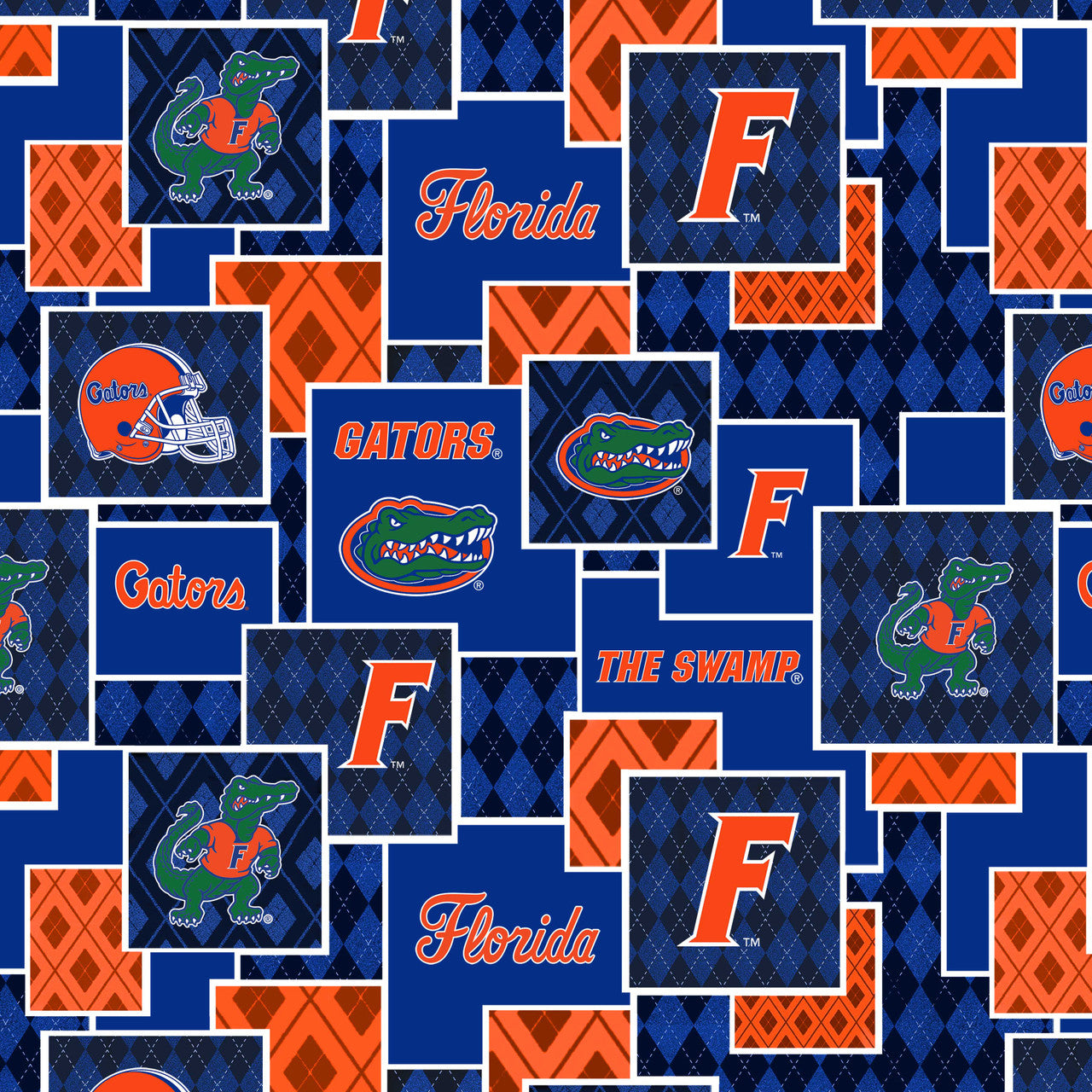 Official Licensed University of Florida Cotton Quilting Fabric-Florida Gators Argyle Boxes Cotton Fabric Sold by the Yard