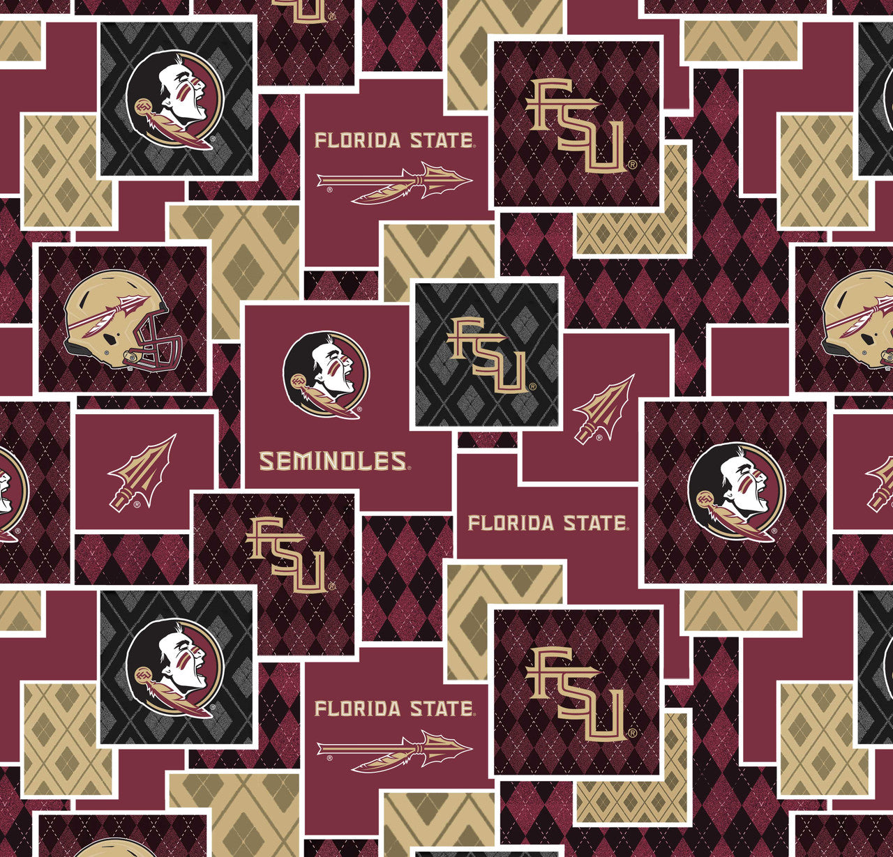 Official Licensed Florida State University Cotton Quilting Fabric-FSU Seminoles Argyle Boxes Cotton Fabric Sold by the Yard