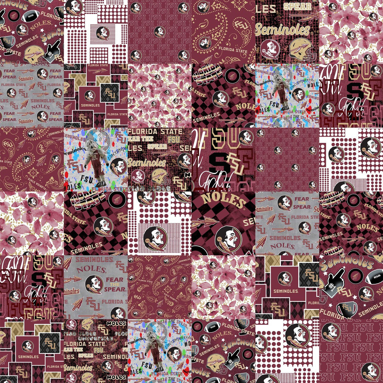 Official Licensed Florida State University Cheater Quilt Printed Cotton Fabric-FSU Seminoles Cotton Fabric with Patchwork Cheater Quilt Print-60 Width