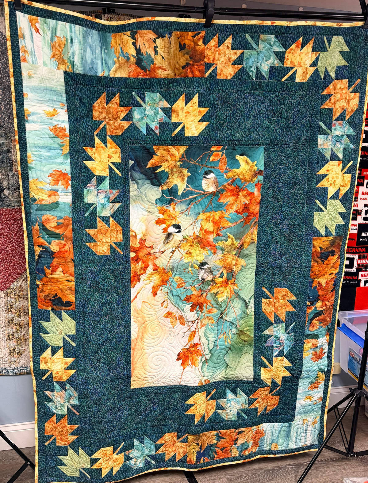 Autumn falling Whole Cloth Quilt, Shop Sample 52" X 72"
