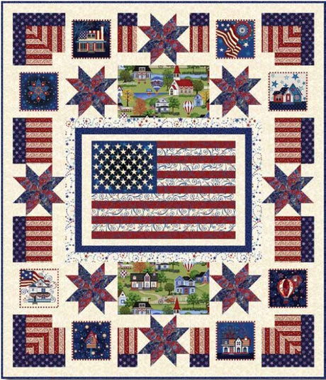 A quilt with a patriotic theme, featuring a variety of fabric pieces including the American flag and rural scenes, bound by a blue border.
