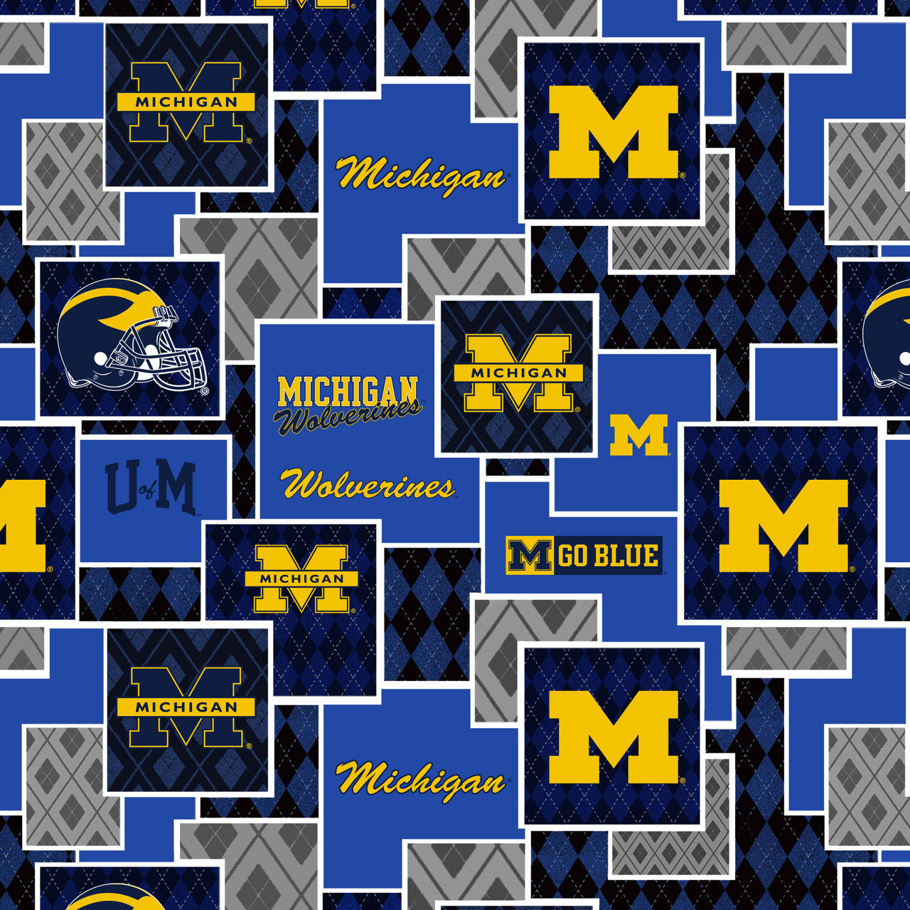Official Licensed University of Michigan Cotton Quilting Fabric-Michigan Wolverines Argyle Boxes Cotton Fabric Sold by the Yard