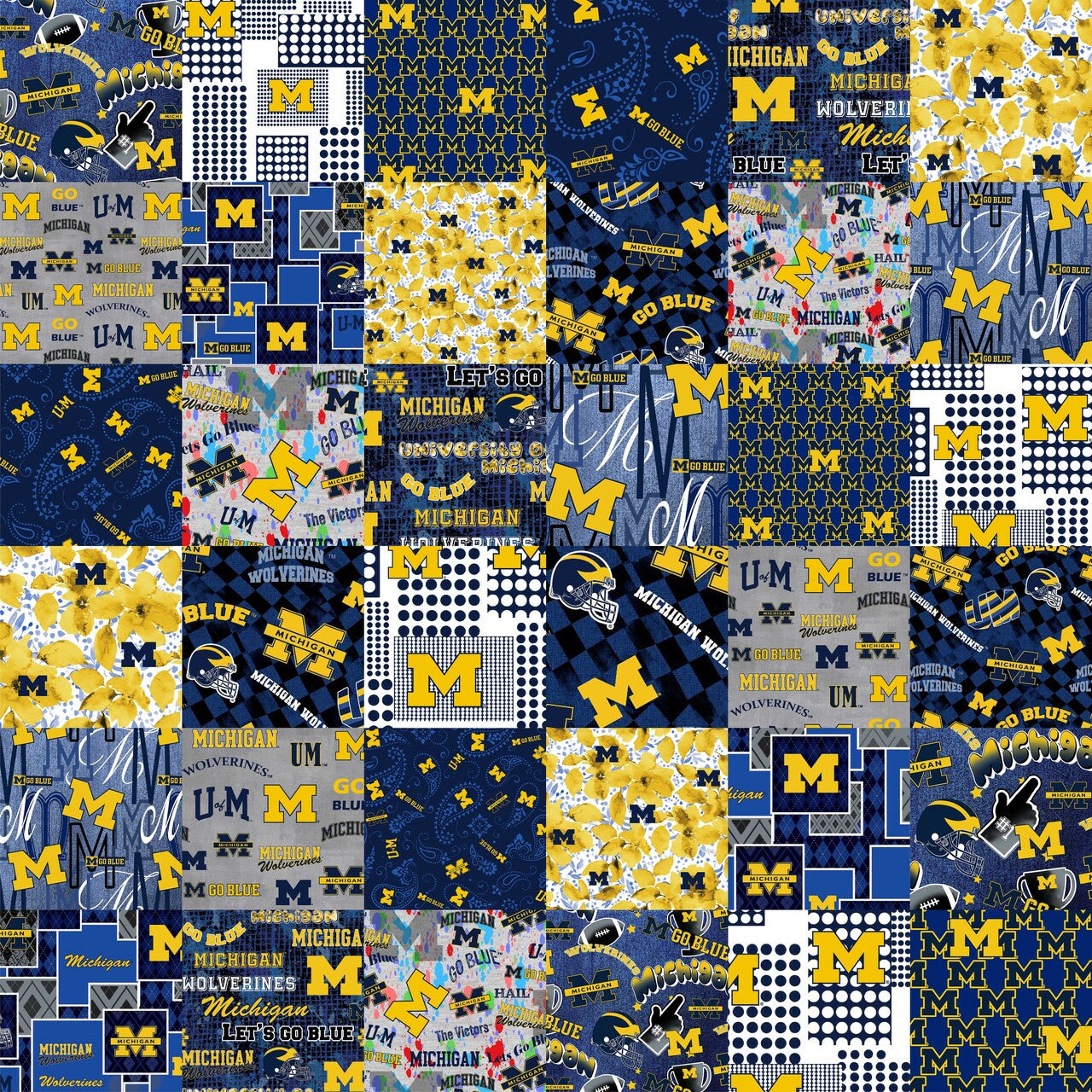 Official Licensed University of Michigan Cheater Quilt Printed Cotton Fabric-Michigan Wolverines Cotton Fabric with Patchwork Cheater Quilt Print-60 Width