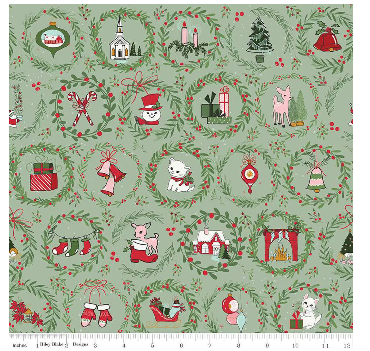 Mistletoe & Holly Wreaths Sage by the yard from Riley Blake