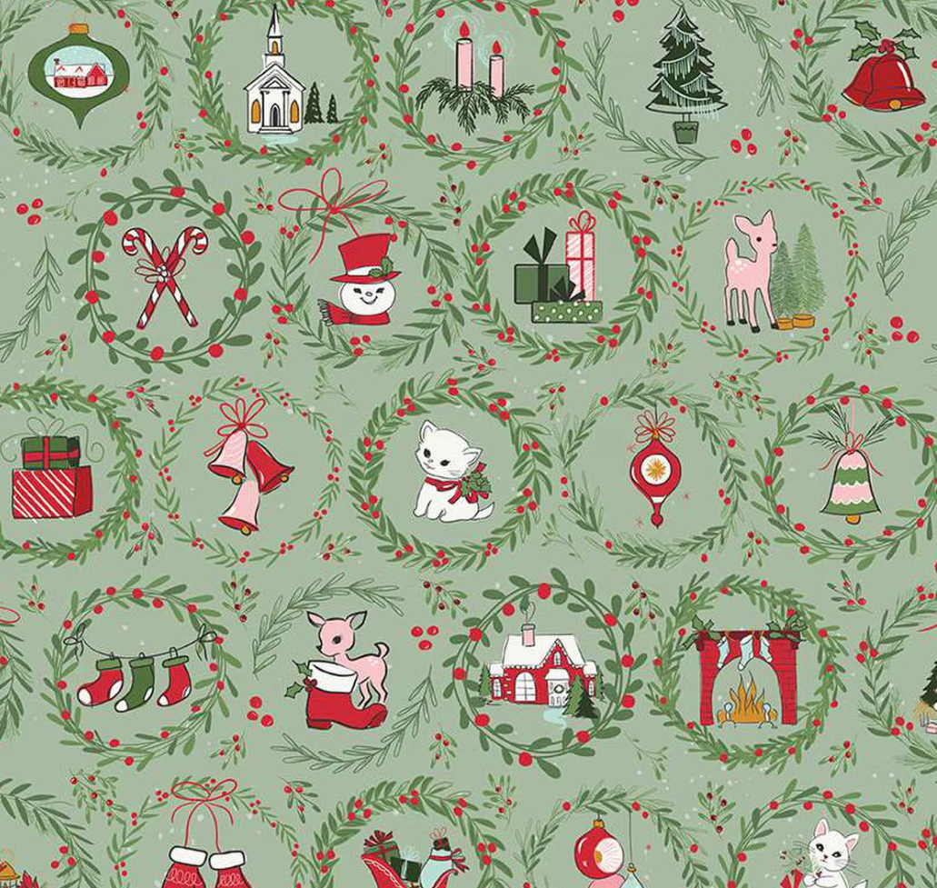 Mistletoe & Holly Wreaths Sage by the yard from Riley Blake