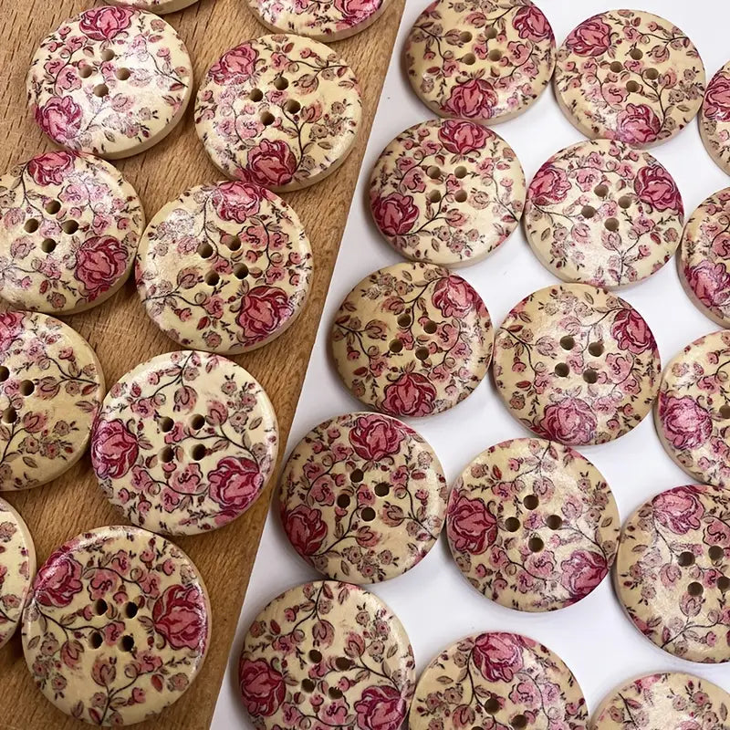 Vintage Floral Wooden Buttons Set, 30mm/1.18inch, 4-Hole Round pack of 5
