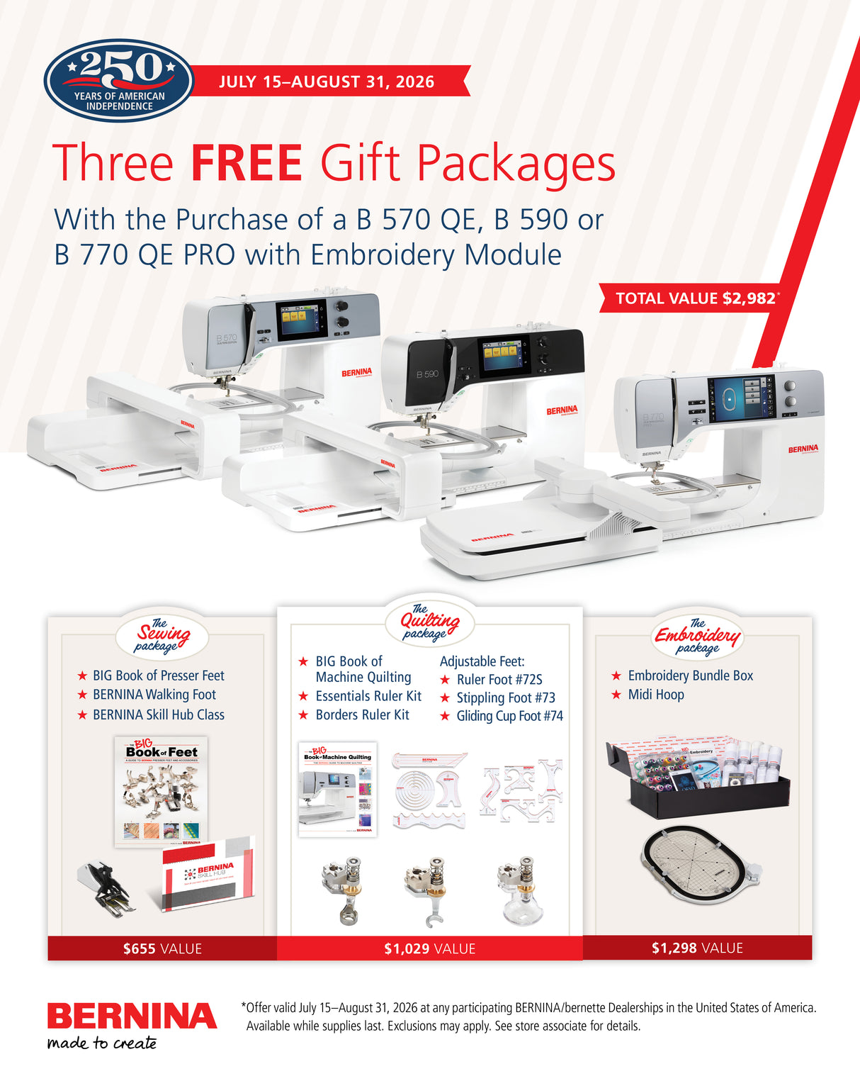 BERNINA 770 QE PRO E, Sewing and Embroidery Machine free gifts with purchase through 8/31/26