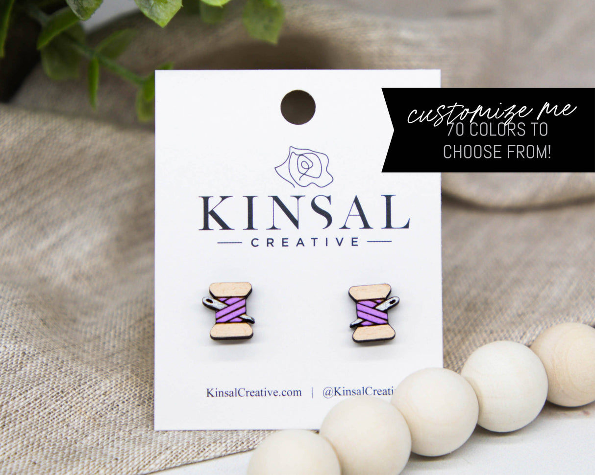 Sewing Thread Customizable Wood Stud Earrings: Wine Red