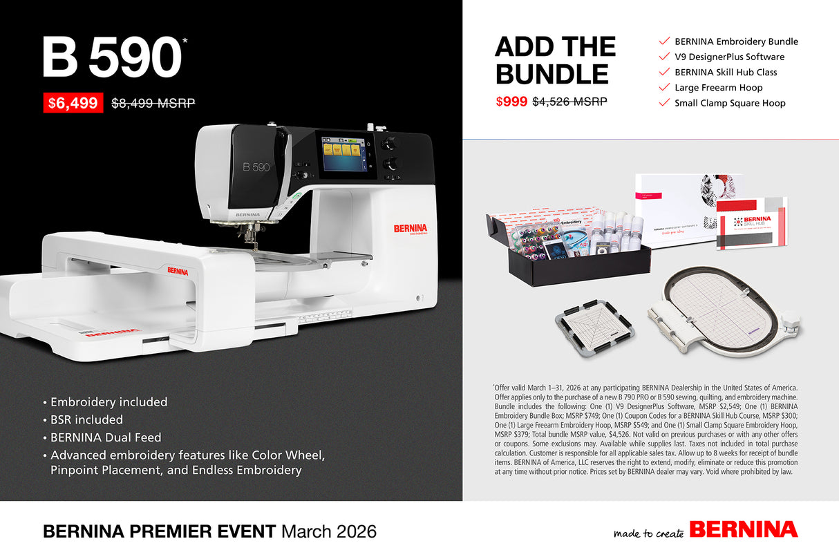 BERNINA 590 E, Top of the line 5 series Sewing and Embroidery Machine Add-ON Bundles Available