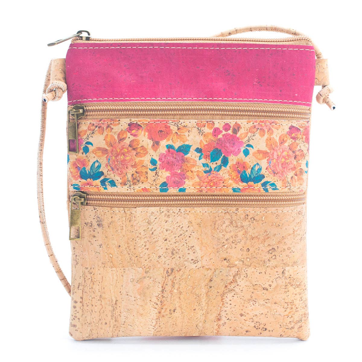 Women's Natural Cork Crossbody Bag with Three Zippers