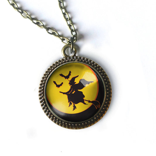 Flying Witch Retro Halloween Glass Cabochon Pendant Necklace