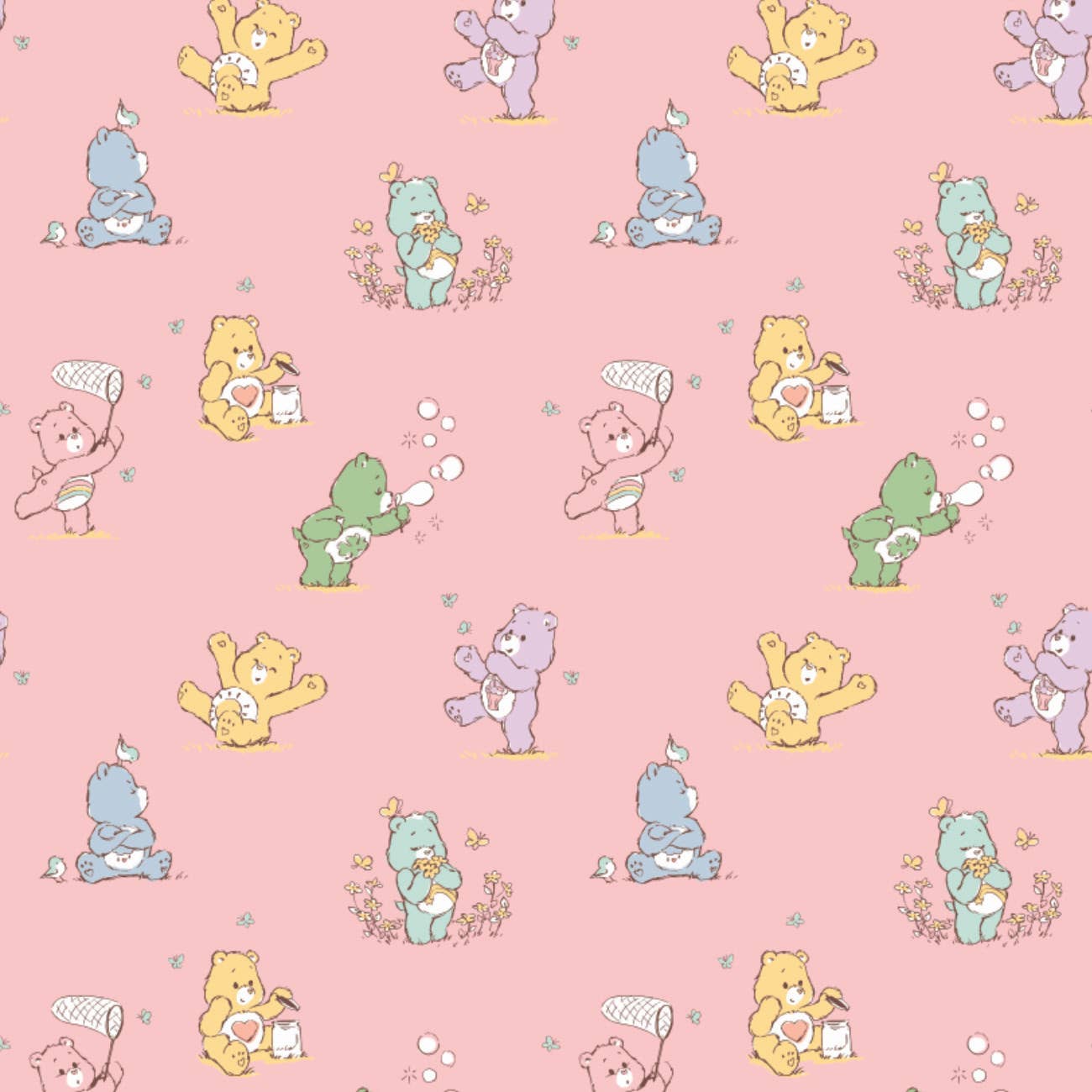 Playful Care Bears Pink - 100% Cotton Flannel